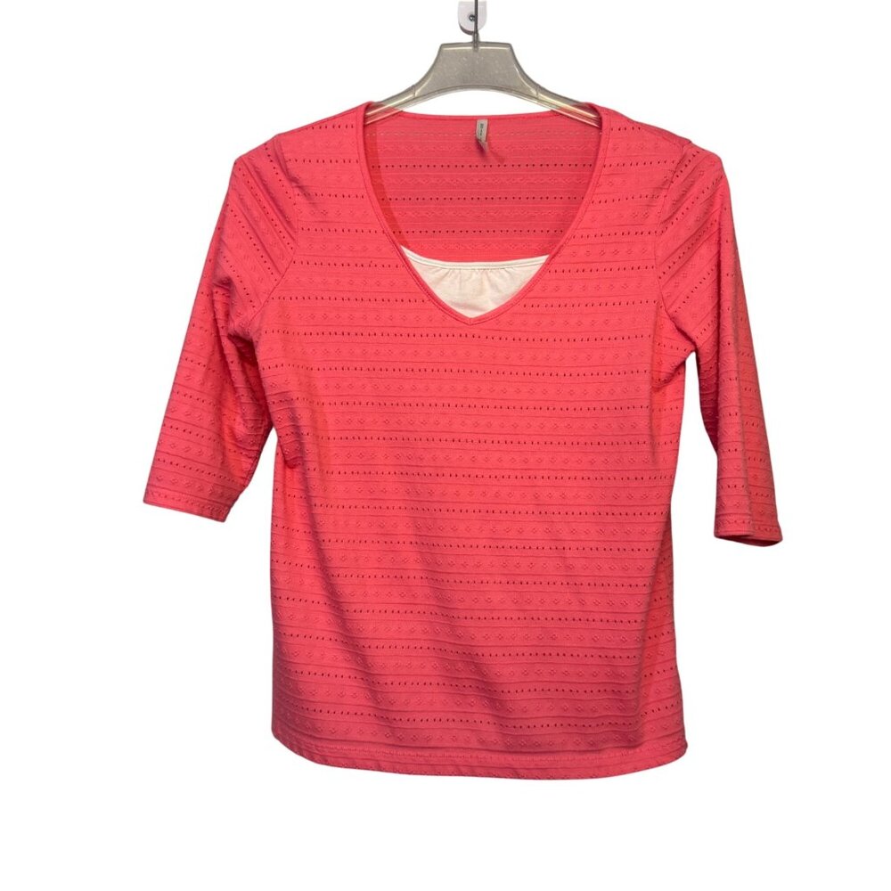 White Stag Womens 3/4 Sleeve Top Pink Medium Polyester Crochet Lace Pre-Owned